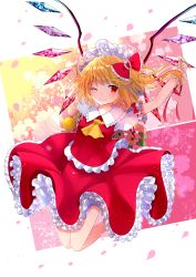 Rule 34 | 1girl, blonde hair, bow, closed mouth, collared shirt, commentary request, crystal, flandre scarlet, flower, frilled bow, frilled shirt, frilled shirt collar, frilled skirt, frilled sleeves, frills, hat, highres, jumping, looking at viewer, mob cap, one eye closed, petals, puffy short sleeves, puffy sleeves, red bow, red eyes, red skirt, sakizaki saki-p, shirt, short sleeves, skirt, smile, solo, touhou, white hat, wings, wrist cuffs, yellow neckwear