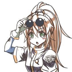 Rule 34 | 1girl, blush stickers, brown hair, eyewear on head, gloves, green eyes, kakko madoka, long hair, looking at viewer, open mouth, ponytail, precis neumann, simple background, solo, star ocean, star ocean the second story, sunglasses, white background