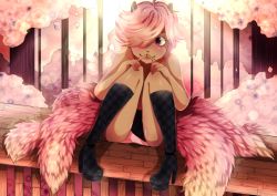 Rule 34 | 1boy, animal ears, blush, boots, cat ears, cherry blossoms, dollachan, highres, pink eyes, pink hair, pink tail, shy, sitting, tail, trap