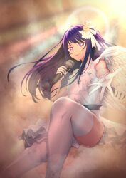 Rule 34 | 1girl, absurdres, angel wings, belt, black belt, boots, closed mouth, cloud, commentary, dress, english commentary, frilled dress, frilled gloves, frills, gloves, hair ornament, halo, heart, highres, holding, holding microphone, hoshino ai (oshi no ko), idol, karikarisuru, long hair, microphone, oshi no ko, purple eyes, purple hair, rabbit hair ornament, reaching, reaching towards viewer, solo, star-shaped pupils, star (symbol), symbol-shaped pupils, thigh boots, thighs, turtleneck, turtleneck dress, variant set, white dress, white footwear, white gloves, wings