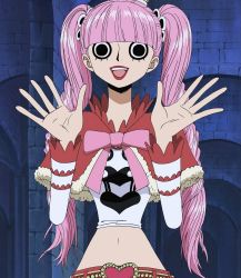 Rule 34 | 1girl, black eyes, capelet, drill hair, highres, looking at viewer, midriff, navel, one piece, perona, pink hair, screencap, smile, thriller bark, twintails