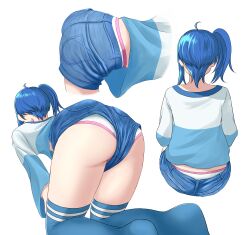 Rule 34 | 1girl, ahoge, ass, blue hair, blue shirt, blue shorts, blue thighhighs, commentary, cropped legs, cropped torso, crotch seam, denim, double horizontal stripe, from above, hands on own thighs, highres, hirogaru sky! precure, jeans, kneeling, leaning forward, long sleeves, medium hair, panties, pants, panty peek, pantylines, pantyslip, precure, shirt, short shorts, shorts, side ponytail, simple background, sora harewataru, squatting, thighhighs, underwear, wedgie, white background, white panties, yaki tofu