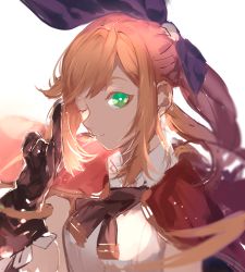 Rule 34 | 10s, 1girl, aqua eyes, azarea, black gloves, breasts, brown hair, cape, clarisse (granblue fantasy), gloves, granblue fantasy, green eyes, hair ribbon, long hair, looking at viewer, one eye closed, orange hair, ponytail, ribbon, smile, solo