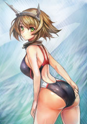 Rule 34 | 10s, 1girl, adjusting clothes, adjusting swimsuit, ass, backless outfit, bare shoulders, breasts, brown hair, competition swimsuit, green eyes, highres, kadokawa games, kantai collection, looking at viewer, looking back, medium breasts, mutsu (kancolle), one-piece swimsuit, short hair, solo, swimsuit, taishi (artist), taishi (picchiridou)