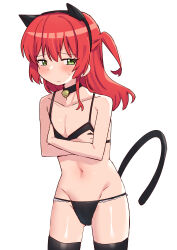 Rule 34 | 1girl, absurdres, animal ears, ao (flowerclasse), bare arms, bare shoulders, bell, bikini, black bikini, black choker, black hairband, black thighhighs, blush, bocchi the rock!, cat ears, cat tail, choker, closed mouth, collarbone, commentary request, covering privates, covering chest, crossed arms, fake animal ears, gluteal fold, green eyes, groin, hair between eyes, hairband, highres, jingle bell, kita ikuyo, long hair, navel, neck bell, one side up, red eyes, simple background, solo, standing, sweat, swimsuit, tail, thighhighs, white background