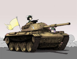 Rule 34 | 2girls, :|, animal ears, black hair, closed eyes, closed mouth, commentary request, day, expressionless, flag, green headwear, helmet, inaba tewi, light purple hair, maruhachi (maruhachi record), military, military vehicle, motor vehicle, multiple girls, outdoors, rabbit ears, rabbit symbol, reisen udongein inaba, short hair, smile, sunlight, tank, touhou, type 74 (tank)