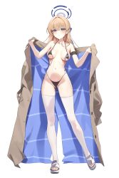 Rule 34 | 1girl, absurdres, alternate costume, bikini, black bikini, blonde hair, blue archive, blush, breasts, breasts apart, coat, full body, groin, halo, highres, holding, holding clothes, holding coat, looking at viewer, medium breasts, micro bikini, navel, rkin, sandals, simple background, solo, stomach, swimsuit, thighhighs, toki (blue archive), two-sided coat, two-sided fabric, untied bikini, white background, white thighhighs