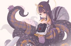 Rule 34 | 1girl, book, commentary request, elbow gloves, gloves, halo, highres, holding, holding book, hololive, hololive english, ina 27cm, long hair, looking at viewer, ninomae ina&#039;nis, ninomae ina&#039;nis (1st costume), octopus, orange hair, purple eyes, purple hair, simple background, takodachi (ninomae ina&#039;nis), tentacles, thighhighs, virtual youtuber, white background, white gloves, white thighhighs