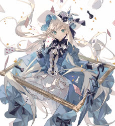 Rule 34 | 1girl, alice (arcaea), aqua eyes, arcaea, black bow, blonde hair, blue dress, blue umbrella, bow, breasts, buttons, card, chess piece, cleavage, closed mouth, closed umbrella, club (shape), commentary, cup, diamond (shape), dress, empty picture frame, feet out of frame, frills, gloves, hand up, hat, hat bow, heart, highres, holding, holding card, holding umbrella, juliet sleeves, long hair, long sleeves, looking at viewer, mechari, mug, picture frame, playing card, puffy sleeves, sleeve cuffs, small breasts, solo, spade (shape), standing, stuffed animal, stuffed rabbit, stuffed toy, swept bangs, thighhighs, umbrella, very long hair, white dress, white hat, white thighhighs