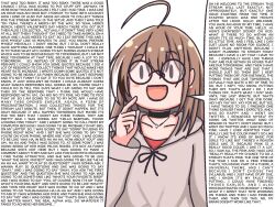 Rule 34 | 1girl, :d, ahoge, alpha cas, black-framed eyewear, brown hair, brown hoodie, commentary, english commentary, english text, finger to cheek, glasses, highres, hololive, hololive english, hood, hoodie, long hair, multicolored hair, nanashi mumei, nanashi mumei (casual), open mouth, round eyewear, smile, solo, streaked hair, virtual youtuber, wall of text, white background, | |