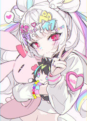 Rule 34 | 1girl, blunt bangs, blush, bow, character doll, closed mouth, copyright request, cropped shirt, cross-shaped pupils, facial mark, fingernails, grey hair, hair bow, hair ornament, hair rings, heart, heart facial mark, heart hair ornament, highres, holding, looking at viewer, midriff, multicolored hair, multicolored nails, nail polish, navel, nekometaru, purple nails, red eyes, shirt, smile, solo, symbol-shaped pupils, twintails, white shirt