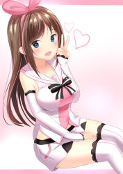 Rule 34 | 1girl, arm up, black bow, blush, bow, breasts, brown hair, commentary request, detached sleeves, fingernails, green eyes, hair ribbon, hairband, heart, highres, kizuna ai, kizuna ai inc., lace, lace-trimmed legwear, lace-trimmed sleeves, lace trim, legs together, long hair, long sleeves, looking at viewer, medium breasts, midriff, multicolored hair, open mouth, pink bow, pink hair, pink hairband, pink ribbon, ribbon, sailor collar, shirt, short shorts, shorts, sitting, sleeveless, sleeveless shirt, sleeves past wrists, smile, solo, streaked hair, striped, striped bow, thighhighs, thighs, two-tone hair, v, very long hair, virtual youtuber, white sailor collar, white shirt, yuano, zettai ryouiki