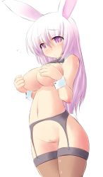 Rule 34 | 1girl, animal ears, blush, bow, bowtie, breasts, cleft of venus, covering privates, covering breasts, detached collar, garter belt, kourourin, long hair, looking at viewer, purple eyes, purple hair, pussy, rabbit ears, rabbit tail, solo, tail, thighhighs, uncensored, wrist cuffs