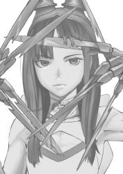 Rule 34 | 1girl, aduti momoyama, claws, closed mouth, fire emblem, fire emblem heroes, frown, greyscale, highres, hraesvelgr (fire emblem), long hair, monochrome, nintendo, simple background, solo, straight hair, upper body, white background