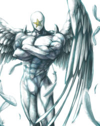Rule 34 | 1boy, angel wings, highres, kinnikuman, large pectorals, looking at viewer, muscular, pectorals, pentagon (character), rkp, simple background, white background, wings