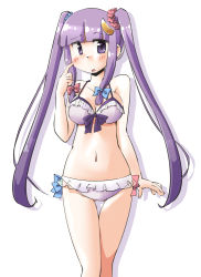 Rule 34 | 1girl, alternate costume, alternate hairstyle, arnest, bikini, blush, breasts, cleavage, collarbone, crescent, crescent hair ornament, finger to cheek, frilled bikini, frills, hair ornament, hair ribbon, halterneck, large breasts, long hair, looking at viewer, navel, open mouth, patchouli knowledge, purple bikini, purple eyes, purple hair, ribbon, scrunchie, simple background, solo, string bikini, swimsuit, touhou, tress ribbon, twintails, very long hair, white background