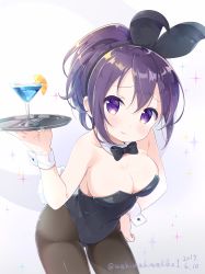 Rule 34 | 1girl, absurdres, alternate hairstyle, angry, animal ears, arm up, bare shoulders, black pantyhose, blush, bow, bowtie, breasts, carrying, cleavage, cup, dated, detached collar, drink, drinking glass, fake animal ears, food, fruit, gochuumon wa usagi desu ka?, hand on own hip, highres, leaning forward, leotard, long hair, looking at viewer, medium breasts, neki (wakiko), no bra, orange (fruit), orange slice, pantyhose, playboy bunny, ponytail, purple eyes, purple hair, rabbit ears, rabbit tail, solo, strapless, strapless leotard, tail, tedeza rize, tray, twitter username, wrist cuffs