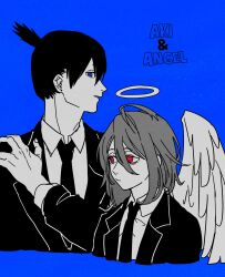 Rule 34 | 2boys, angel, angel devil (chainsaw man), angel wings, black hair, black jacket, black necktie, blue background, blue eyes, chainsaw man, character name, collared shirt, drgryu750, formal, greyscale with colored background, hair between eyes, halo, hayakawa aki, highres, jacket, looking at viewer, looking to the side, monochrome, multiple boys, necktie, red eyes, shirt, short hair, sideways glance, simple background, spot color, suit, suit jacket, topknot, wings
