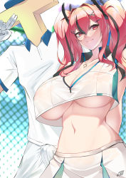 Rule 34 | 1boy, 1girl, absurdres, apj, azur lane, blouse, breasts, bremerton (azur lane), bremerton (scorching-hot training) (azur lane), bulge, cleavage, covered erect nipples, crop top, crop top overhang, curvy, erection, erection under clothes, heart, heart necklace, highres, jewelry, large breasts, long hair, looking at viewer, mole, mole on breast, mole under eye, necklace, pink hair, shiny skin, shirt, skirt, sleeveless, sleeveless shirt