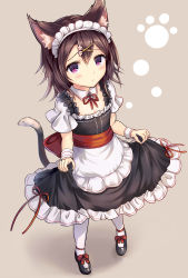 Rule 34 | 1girl, absurdres, animal ears, apron, blush, brown hair, cat ears, cat tail, detached collar, dress, from above, full body, grey background, hair between eyes, hair ornament, hairclip, highres, looking at viewer, looking up, maid, maid apron, maid headdress, original, paw print, purple eyes, sakura ani, shoes, short hair, skirt, skirt hold, solo, tail, tsurime, white legwear, wrist cuffs, x hair ornament