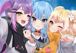 Rule 34 | 3girls, :d, absurdres, alternate costume, black scarf, blonde hair, blue eyes, blue hair, choker, double bun, ear piercing, fangs, finger to cheek, flower, green eyes, grin, hair bun, hair flower, hair ornament, highres, hololive, hoshimachi suisei, long hair, looking at viewer, mashiro io, momosuzu nene, multiple girls, nail polish, open mouth, outdoors, parted lips, peach print, piercing, pointy ears, purple hair, scarf, smile, tokoyami towa, twintails, upper body, virtual youtuber, yellow nails, yellow scarf