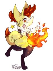 Rule 34 | 1girl, animal ear fluff, animal ears, animal hands, animal nose, artist name, blush, braixen, collaboration, colorized, creatures (company), dated, fang, female focus, fire, fox ears, fox tail, full body, furry, furry female, game freak, gen 6 pokemon, hand up, happy, highres, holding, jpeg artifacts, leg up, light blush, looking at viewer, mizuki kotora, nintendo, one eye closed, open mouth, outstretched arm, pokemon, pokemon (creature), red eyes, signature, simple background, skin fang, smile, snout, solo, standing, standing on one leg, star (symbol), stick, tail, white background, wink, yotsuba taro