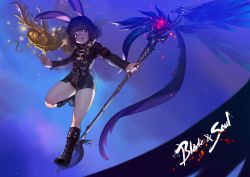 Rule 34 | 10s, 1girl, absurdres, animal ears, blade &amp; soul, blush, bodysuit, boots, brown eyes, brown hair, rabbit ears, copyright name, dragon, gem, glowing, highres, jumping, knee boots, leather, leather boots, leg lift, legs, lips, lyn (blade &amp; soul), magic, night, night sky, open mouth, ppeunim, short hair, sky, smile, solo, staff, star (sky), weapon, wings