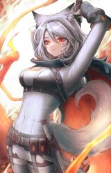 Rule 34 | 1girl, 3 (sanyako1), absurdres, animal ears, arknights, arms up, breasts, cowboy shot, grey hair, hair between eyes, heterochromia, highres, holding, holding weapon, infection monitor (arknights), looking at viewer, medium breasts, parted lips, quartz (arknights), red eyes, shirt, short hair, skin tight, solo, tail, weapon, white shirt, wolf ears, wolf girl, wolf tail, yellow eyes