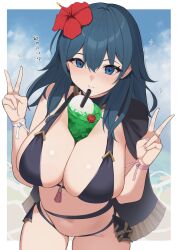 Rule 34 | 1girl, between breasts, bikini, black bikini, blue eyes, blue hair, breasts, bubble tea challenge, byleth (female) (fire emblem), byleth (female) (summer) (fire emblem), byleth (fire emblem), cleavage, cowboy shot, cup, double v, drink, drinking straw, fire emblem, fire emblem: three houses, fire emblem heroes, flower, hair between eyes, hair flower, hair ornament, hibiscus, highres, huge breasts, long hair, looking at viewer, navel, nintendo, official alternate costume, red flower, skindentation, solo, swimsuit, translation request, v, wabimochi