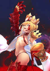 Rule 34 | 1girl, absurdres, ahoge, arm up, bikini, blonde hair, braid, breasts, chalice, criss-cross halter, crown, cup, dragon claw, dragon tail, elbow gloves, fate/grand order, fate/grand order arcade, fate (series), french braid, gloves, hair bun, hair intakes, hair ribbon, halterneck, highres, hiro (hirohiro gorira), long hair, looking at viewer, navel, nero claudius (fate), nero claudius (fate) (all), open clothes, open mouth, queen draco (fate), queen draco (second ascension) (fate), red bikini, red eyes, red ribbon, revealing clothes, ribbon, robe, scales, single hair bun, small breasts, smile, swimsuit, tail, thighs, tongue, tongue out, white gloves, white robe