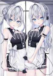 Rule 34 | 2girls, absurdres, apron, arm tattoo, bare shoulders, black dress, blue eyes, blue hair, bow, braid, breasts, cleavage, colored inner hair, demon girl, dress, french braid, grey hair, hair bow, hair bun, hair ornament, hairclip, heart, heart tattoo, highres, indoors, large breasts, maid, medium breasts, miniskirt, moemoepiano, multicolored hair, multiple girls, open mouth, original, siblings, skirt, tattoo, twins, twintails, waist apron, white hair