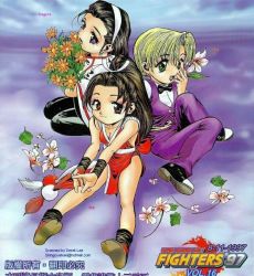 Rule 34 | 3girls, :d, black bow, black bowtie, black hair, blonde hair, blue background, bouquet, bow, bowtie, brown eyes, character name, copyright name, fatal fury, flower, green eyes, hair slicked back, hairband, kagura chizuru, king (snk), king of fighters 97, long hair, looking at viewer, multiple girls, open mouth, pants, pelvic curtain, ryuuko no ken, shiranui mai, shoes, short hair, sitting, smile, snk, socks, stretching, the king of fighters, the king of fighters &#039;97, vest