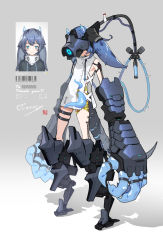 Rule 34 | 1girl, arms at sides, blue eyes, blue hair, cable, commentary request, digitigrade, full body, gradient background, grey background, headgear, highres, horns, mechanical arms, mechanical legs, mechanical tail, original, oversized forearms, oversized limbs, shadow, smile, solo, standing, tail, tentacles, zenmaibook