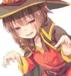 Rule 34 | 1girl, bad id, bad twitter id, belt, belt buckle, black cloak, black hat, blush, brown belt, brown hair, buckle, claw pose, cloak, collarbone, commentary, dress, hair between eyes, hair strand, hat, kono subarashii sekai ni shukufuku wo!, leaning forward, looking to the side, megumin, miso (pklllad), open mouth, red dress, red eyes, saliva, short hair, short hair with long locks, simple background, smile, sneaking, solo, upper body, v-shaped eyebrows, white background, witch hat
