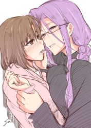 Rule 34 | 2girls, blush, breast press, brown eyes, brown hair, eye contact, face-to-face, fang, fate/hollow ataraxia, fate (series), fue (rhomphair), glasses, grabbing, hair between eyes, half-closed eyes, hand on another&#039;s arm, hand on another&#039;s cheek, hand on another&#039;s face, hands up, holding another&#039;s wrist, imminent kiss, jacket, long hair, long sleeves, looking at another, medusa (fate), medusa (rider) (fate), mitsuzuri ayako, multiple girls, nose blush, open mouth, pink jacket, purple eyes, purple hair, short hair, simple background, sketch, smile, sweater, turtleneck, upper body, white background, yuri