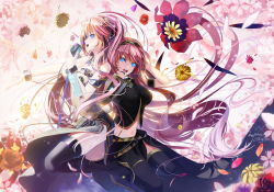 Rule 34 | 2girls, bare shoulders, blue eyes, breasts, cleavage, detached collar, dual persona, female focus, flower, happy, headphones, highres, large breasts, long hair, looking at viewer, making-of available, megurine luka, megurine luka (vocaloid4), midriff, multiple girls, music, navel, okingjo, open mouth, pink hair, singing, smile, strapless, thighhighs, v4x, very long hair, vocaloid