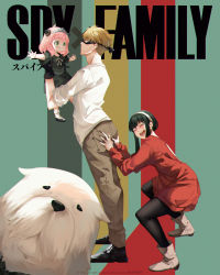 Rule 34 | 1boy, 2girls, ahoge, animal, anya (spy x family), artist name, ass grab, back cutout, black footwear, black gloves, black hair, black pantyhose, blonde hair, blue eyes, blush, bond (spy x family), chromatic aberration, closed eyes, closed mouth, clothing cutout, copyright name, dog, dress, earrings, eye mask, eyelashes, film grain, gloves, green eyes, grey footwear, grey hairband, grey ribbon, hairband, highres, holding, inkspirate, jewelry, lauren phillips lifting alice merchesi (meme), lifting another&#039;s clothes, long hair, looking at another, looking at viewer, mask, medium hair, multiple girls, open mouth, pantyhose, pink hair, ribbon, sleeves rolled up, smile, socks, spy x family, squatting, standing, teeth, tiara, tongue, twilight (spy x family), upper teeth only, white socks, yor briar