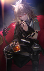 Rule 34 | 00kashian00, 1girl, absurdres, alcohol, animal ear fluff, animal ears, arknights, armchair, asymmetrical clothes, backlighting, black footwear, black gloves, black nails, black pants, blonde hair, boots, candy, chair, cup, eating, feet out of frame, fingerless gloves, food, gloves, highres, holding, holding cup, ice, ice cube, knee boots, light particles, lion ears, lion girl, lion tail, lollipop, long hair, long sleeves, looking at viewer, nail polish, official alternate costume, pants, ponytail, shirt, short sleeves, siege (arknights), siege (city destroyer) (arknights), signature, single glove, sitting, solo, tail, twitter username, whiskey, white shirt, wristband, yellow eyes