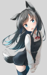 Rule 34 | 1girl, afterimage, animal ear fluff, animal ears, asashio (kancolle), black dress, black hair, black thighhighs, blue eyes, blush, bow, collared shirt, comah, commentary request, dress, dress shirt, flat chest, grey background, head tilt, highres, kantai collection, kemonomimi mode, long hair, open mouth, pinafore dress, pleated dress, red bow, school uniform, shirt, simple background, skindentation, sleeveless, sleeveless dress, solo, tail, tail wagging, thighhighs, very long hair, white shirt