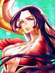 Rule 34 | 1girl, black hair, blue eyes, boa hancock, breasts, cleavage, commentary, crop top, detective 0414, earrings, floating hair, green background, highres, hime cut, jewelry, large breasts, light smile, long hair, looking to the side, one piece, red shirt, salome (one piece), shirt, smile, snake, snake earrings, upper body