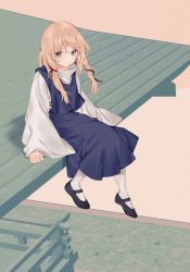 Rule 34 | 1girl, :|, akagashi hagane, architecture, black footwear, blonde hair, blush, closed mouth, commentary request, east asian architecture, expressionless, eyelashes, flat chest, hair ribbon, hanging legs, light blush, long hair, long skirt, long sleeves, looking at viewer, mary janes, moriya shrine, moriya suwako, no headwear, on roof, pink background, purple vest, railing, red ribbon, ribbon, rooftop, shoes, sidelocks, simple background, sitting, skirt, solo, thighhighs, touhou, tress ribbon, turtleneck, vest, white thighhighs, wide sleeves, yellow eyes