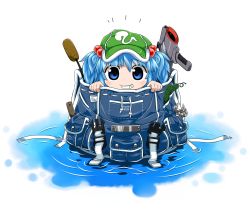 Rule 34 | 1girl, backpack, bag, blue eyes, blue hair, byourou, cattail, cucumber, energy gun, female focus, grin, hair bobbles, hair ornament, hat, hiding, in bag, in container, kawashiro nitori, laser rifle, looking at viewer, matching hair/eyes, plant, smile, solo, touhou, twintails, two side up, water, weapon, wrench