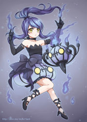 Rule 34 | 10s, 1girl, 2015, ankle lace-up, artist name, bare shoulders, black footwear, black gloves, black ribbon, blue fire, blue hair, bow, bubble skirt, chandelure, choker, collarbone, creatures (company), cross-laced footwear, crossed fingers, dress, elbow gloves, expressionless, fire, fire, floating hair, frills, full body, game freak, gen 5 pokemon, gloves, grey background, high heels, highres, long hair, looking at viewer, mono land, nintendo, no socks, personification, pointing, pointing up, pokemon, pokemon (creature), ponytail, ribbon, ribbon choker, sash, shoes, sidelocks, skirt, strapless, strapless dress, swept bangs, watermark, web address, yellow eyes