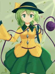 Rule 34 | 1girl, absurdres, aj gtv, bow, cowboy shot, frills, green background, green eyes, green hair, green skirt, grey background, hands up, hat, hat bow, hat ribbon, heart, heart of string, highres, komeiji koishi, light rays, light smile, long sleeves, looking at viewer, ribbon, shirt, simple background, skirt, solo, third eye, touhou, wide sleeves