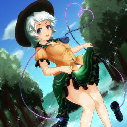Rule 34 | 1girl, aqua hair, bad id, bad pixiv id, blouse, blue eyes, blue sky, clothes lift, cloud, collarbone, day, dutch angle, female focus, forest, frills, hat, heart, heart of string, komeiji koishi, looking at viewer, motomayo, mountain, nature, open mouth, outdoors, rock, shirt, shoes, unworn shoes, short hair, short sleeves, skirt, skirt lift, sky, solo, sparkle, stream, third eye, touhou, white hair