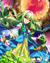 Rule 34 | 1girl, :d, book, brown eyes, detached sleeves, green hair, hair ornament, highres, holding, holding book, long hair, looking at viewer, open mouth, original, roh nam kyung, sky, smile, solo, tenkuu no crystalia, twilight, wind