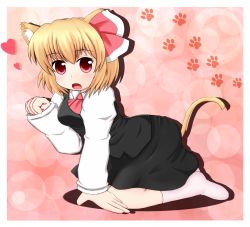 Rule 34 | 1girl, all fours, animal ears, ascot, b.leaf, blonde hair, blush, breasts, cat ears, cat girl, cat tail, fang, female focus, hair ribbon, heart, highres, kemonomimi mode, open mouth, pink background, red eyes, ribbon, rumia, shirt, short hair, skirt, skirt set, small breasts, socks, solo, tail, touhou, white socks