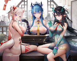 Rule 34 | 3girls, :p, ;d, arknights, ass, bad id, bad pixiv id, bare legs, bare shoulders, bead bracelet, beads, binggong asylum, black footwear, black gloves, black hair, blue dress, blue eyes, blue hair, blue skin, blush, bracelet, breast hold, breasts, butt crack, china dress, chinese clothes, closed mouth, clothing cutout, colored skin, covered erect nipples, cup, detached collar, dragon girl, dragon horns, dragon tail, dress, dusk (arknights), dusk (everything is a miracle) (arknights), earrings, elbow gloves, gloves, gradient skin, hair between eyes, high heels, highres, holding, holding cup, horns, impossible clothes, impossible dress, jewelry, large breasts, leg tattoo, ling (arknights), long hair, looking at viewer, looking back, multicolored hair, multiple girls, neck ribbon, necktie, nian (arknights), nian (unfettered freedom) (arknights), official alternate costume, one eye closed, open mouth, parted lips, pelvic curtain, pointy ears, purple eyes, red eyes, red hair, red ribbon, red skin, ribbon, see-through, shoe dangle, short hair, short ponytail, siblings, sisters, sitting, sleeveless, sleeveless dress, smile, strapless, streaked hair, table, tail, tail through clothes, tattoo, tongue, tongue out, very long hair, wet, wet clothes, wet dress, white dress, wooden table, yellow necktie