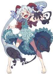 Rule 34 | 1girl, absurdres, armpits, barefoot, blue dress, blue ribbon, commission, dress, earrings, fingernails, frilled dress, frills, grey hair, highres, horn ornament, horn ribbon, horns, jewelry, long fingernails, long toenails, meandros, morino hon, open mouth, pointy ears, red eyes, red horns, red sleeves, ribbon, sharp fingernails, sharp teeth, sharp toenails, sheep horns, short hair, signature, skeb commission, smile, solo, spoon, teeth, toenails, touhou, toutetsu yuuma, transparent background