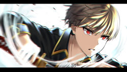 Rule 34 | 1boy, absurdres, black border, black jacket, blonde hair, border, collared jacket, gintama, hair between eyes, highres, holding, holding sword, holding weapon, jacket, letterboxed, long sleeves, male focus, motion blur, okita sougo, parted lips, portrait, red eyes, short hair, solo, sword, utyujin alian, weapon, white background, wing collar